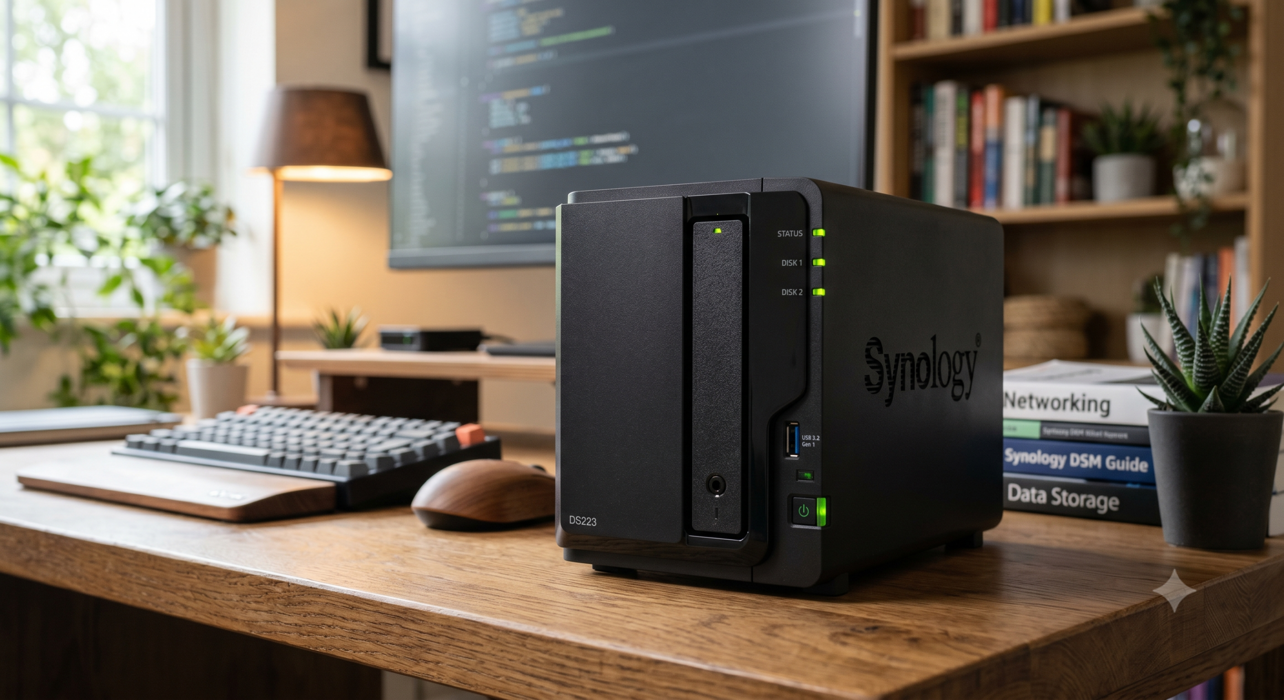 Thiết bị lưu trữ mạng NAS Synology DS223 chính hãng 2-Bay đặt trên bàn làm việc